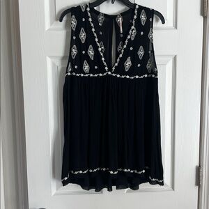 Free People Black Top with White Embroidery